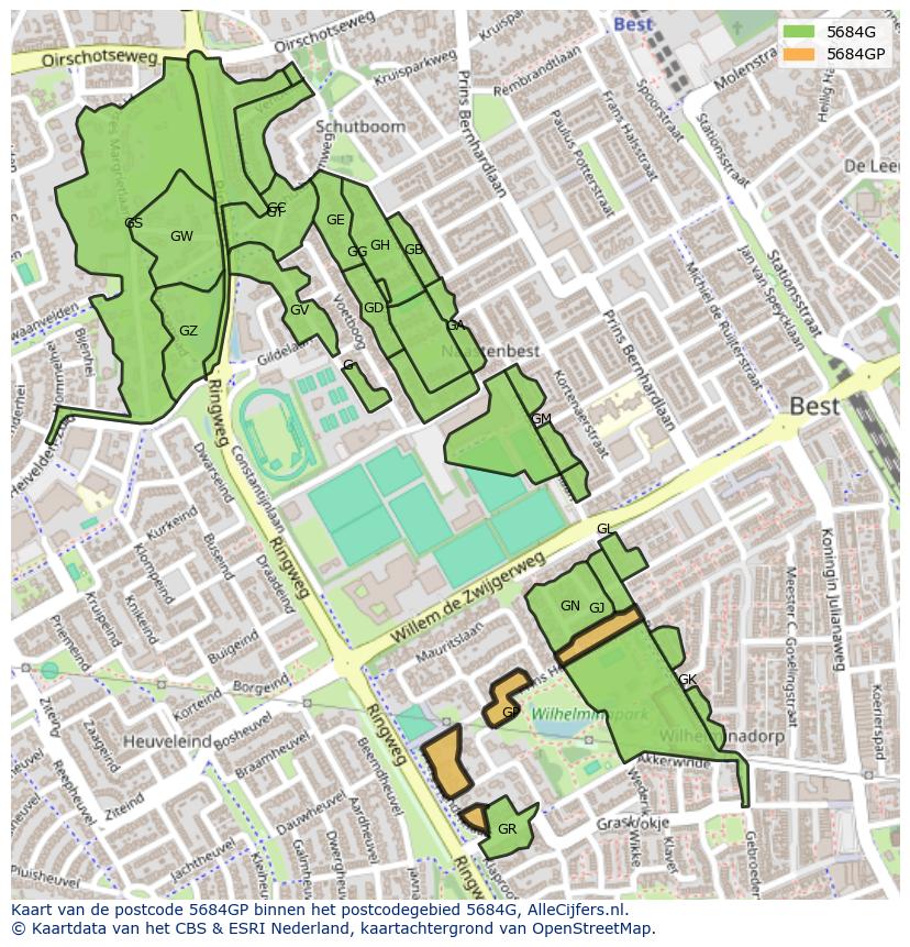 Afbeelding van het postcodegebied 5684 GP op de kaart.