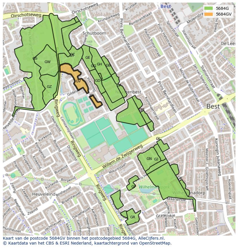 Afbeelding van het postcodegebied 5684 GV op de kaart.