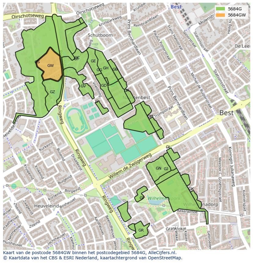 Afbeelding van het postcodegebied 5684 GW op de kaart.