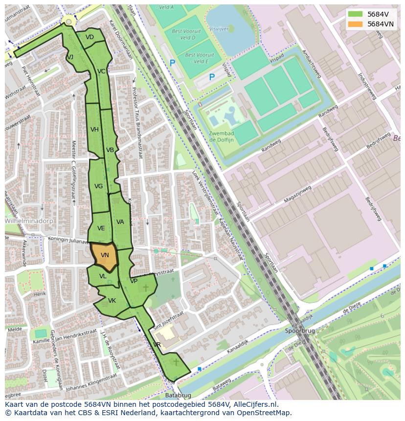 Afbeelding van het postcodegebied 5684 VN op de kaart.