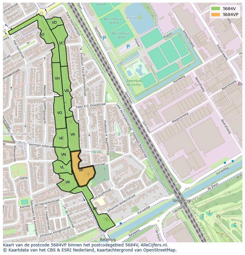 Afbeelding van het postcodegebied 5684 VP op de kaart.