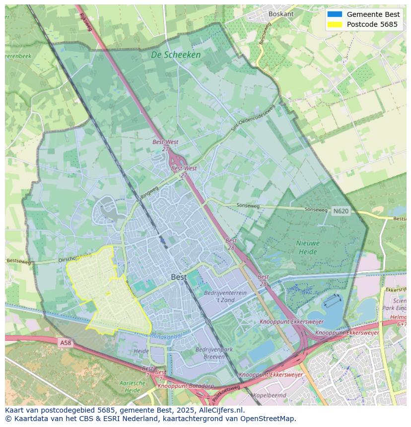 Afbeelding van het postcodegebied 5685 op de kaart.