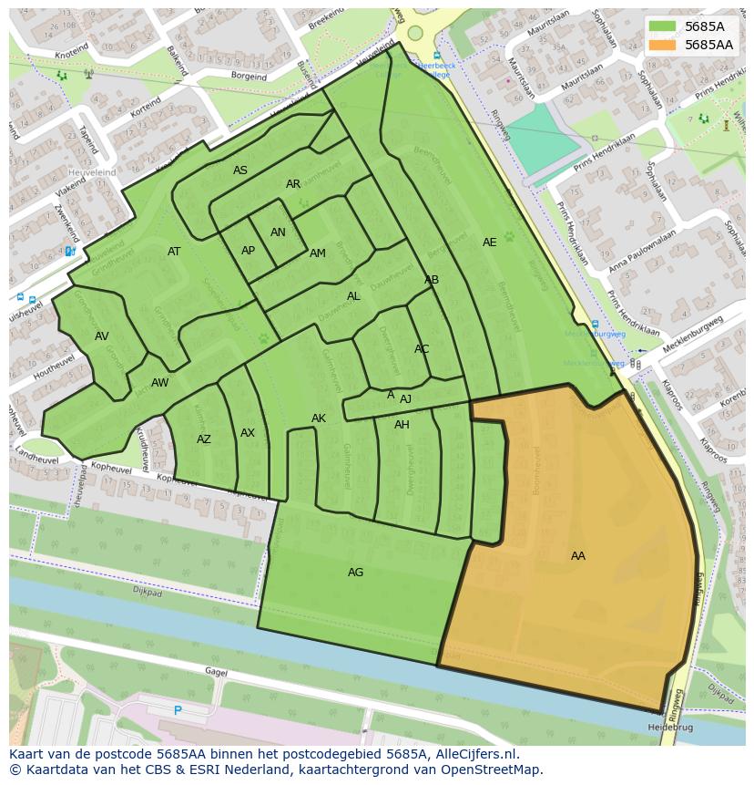 Afbeelding van het postcodegebied 5685 AA op de kaart.