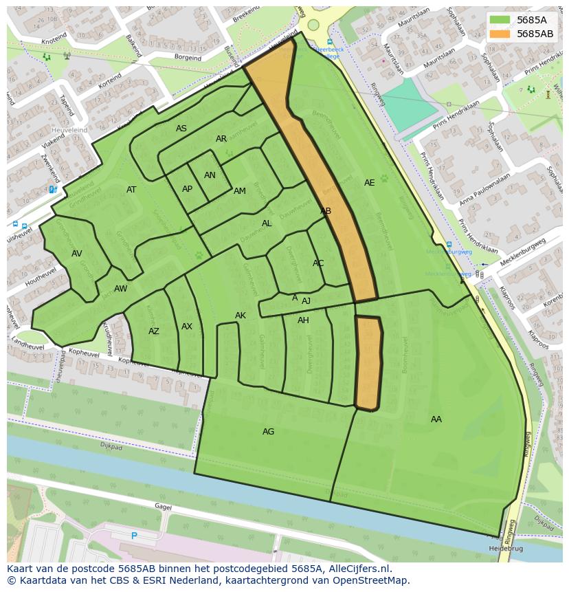 Afbeelding van het postcodegebied 5685 AB op de kaart.