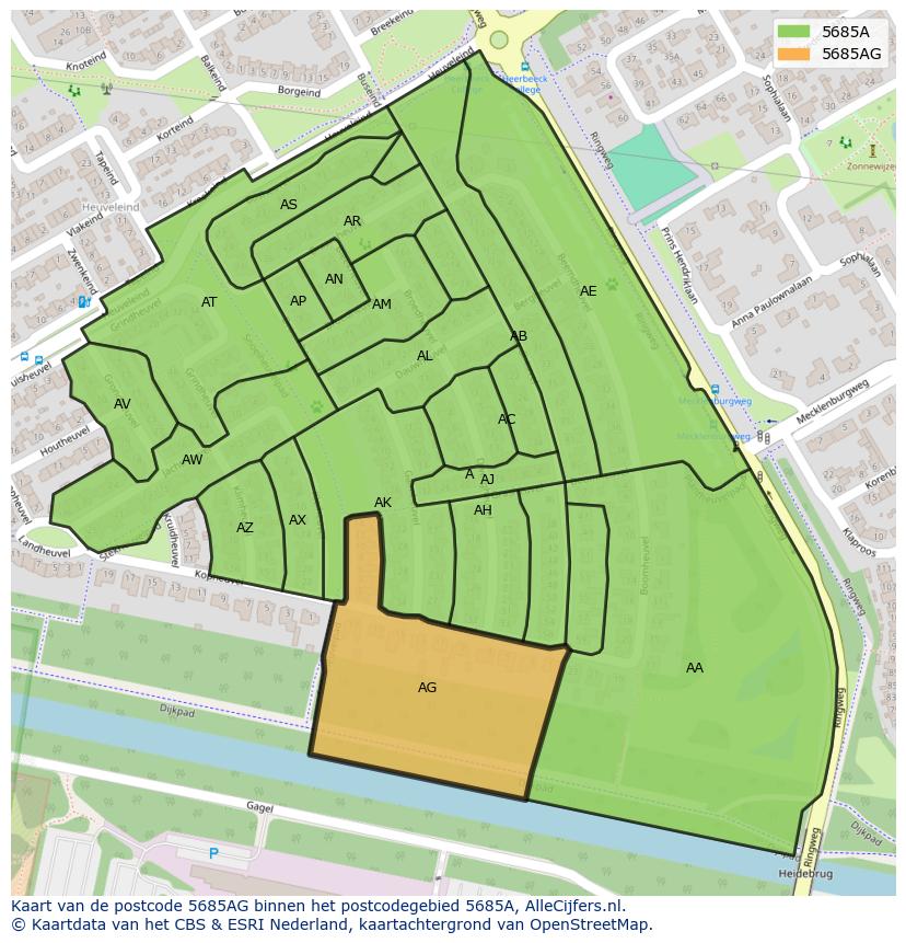 Afbeelding van het postcodegebied 5685 AG op de kaart.