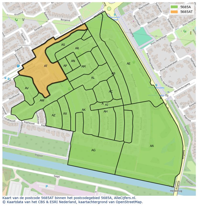 Afbeelding van het postcodegebied 5685 AT op de kaart.