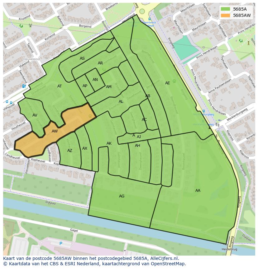 Afbeelding van het postcodegebied 5685 AW op de kaart.