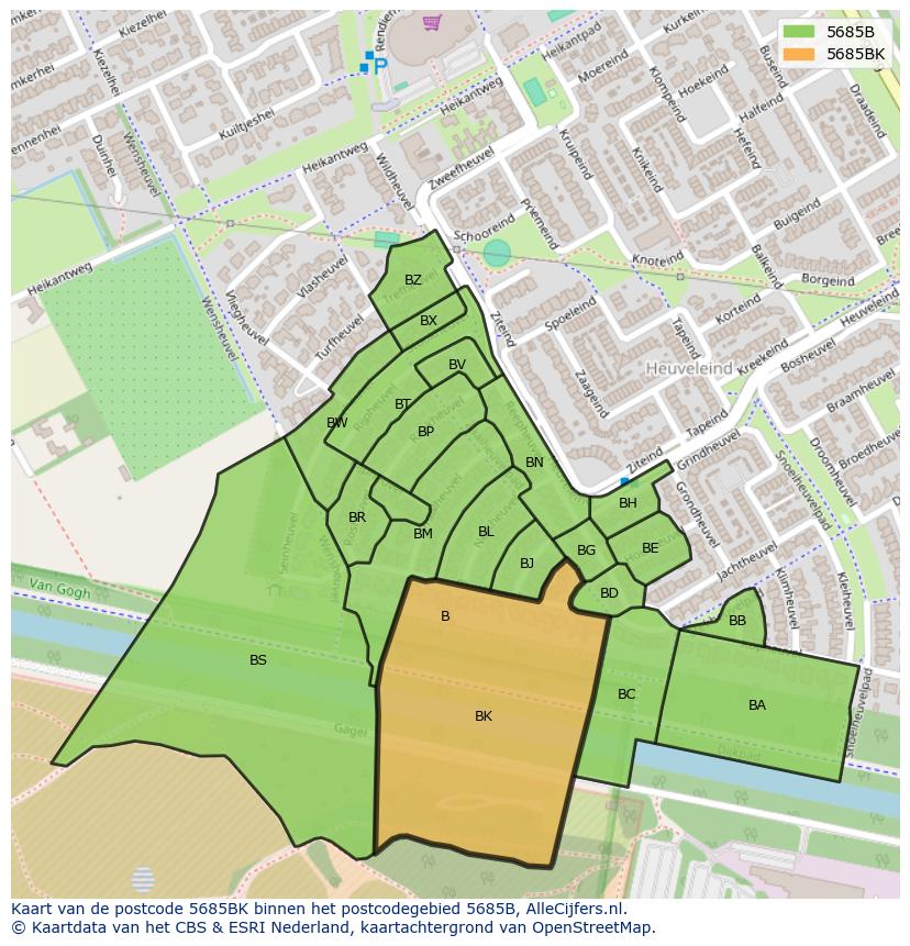 Afbeelding van het postcodegebied 5685 BK op de kaart.