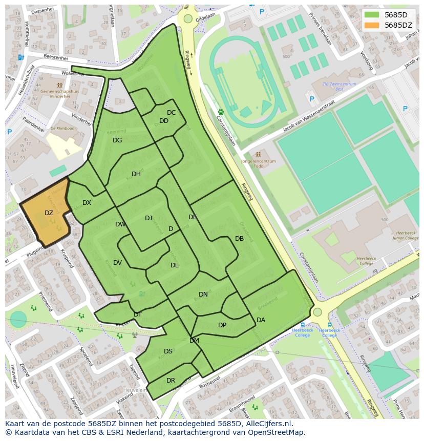 Afbeelding van het postcodegebied 5685 DZ op de kaart.