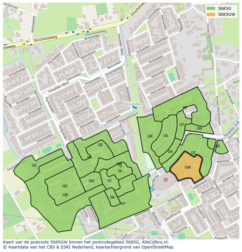 Afbeelding van het postcodegebied 5685 GW op de kaart.