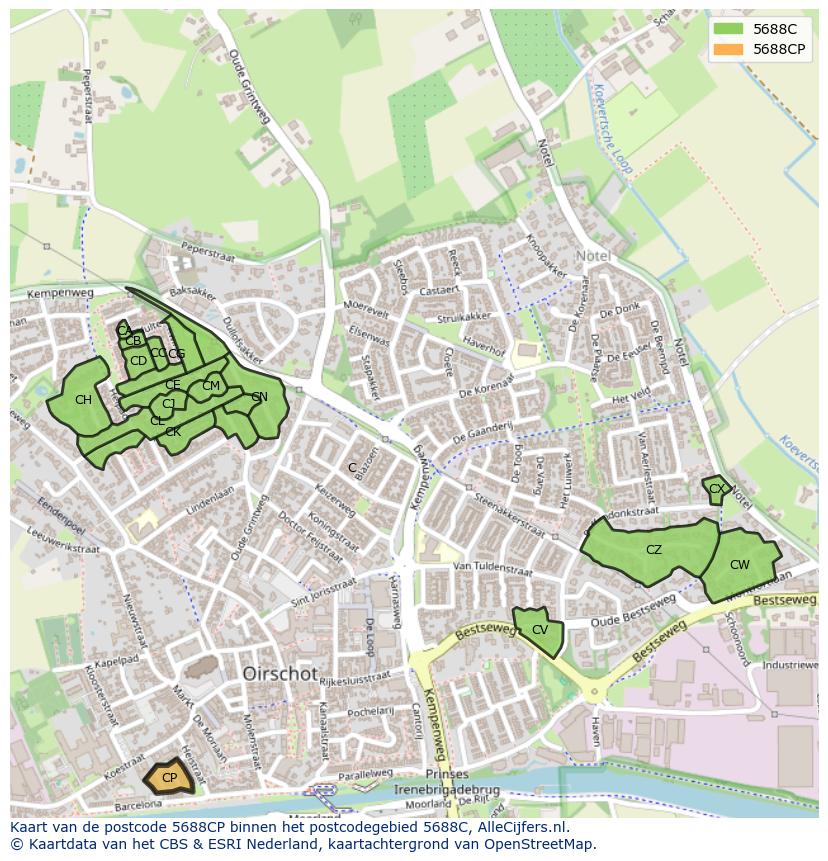 Afbeelding van het postcodegebied 5688 CP op de kaart.