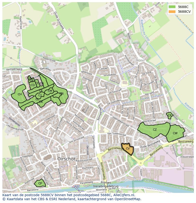 Afbeelding van het postcodegebied 5688 CV op de kaart.
