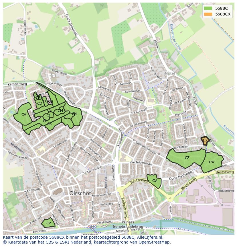 Afbeelding van het postcodegebied 5688 CX op de kaart.