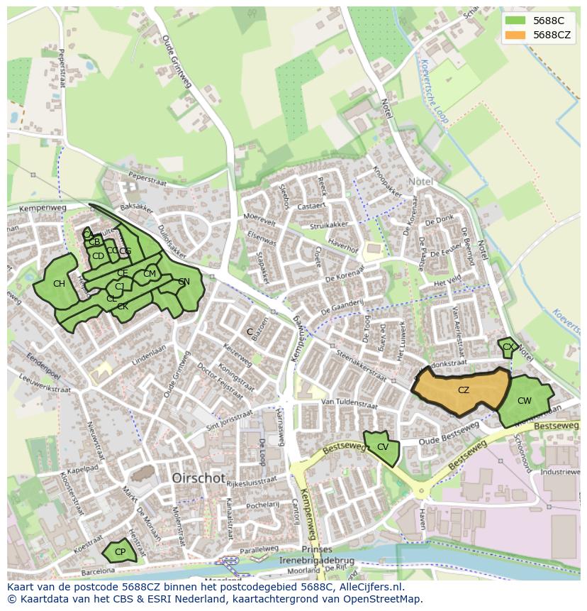 Afbeelding van het postcodegebied 5688 CZ op de kaart.