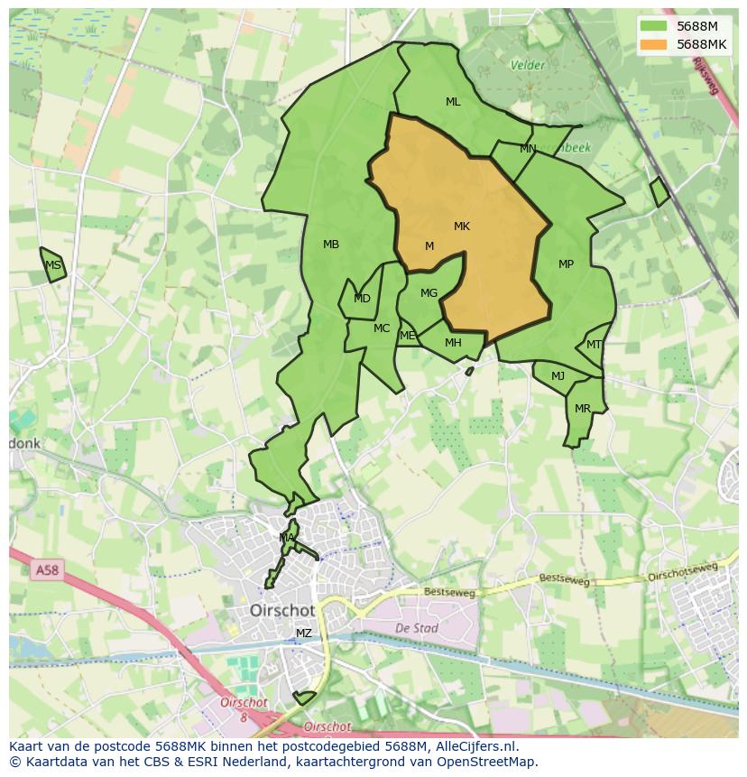 Afbeelding van het postcodegebied 5688 MK op de kaart.