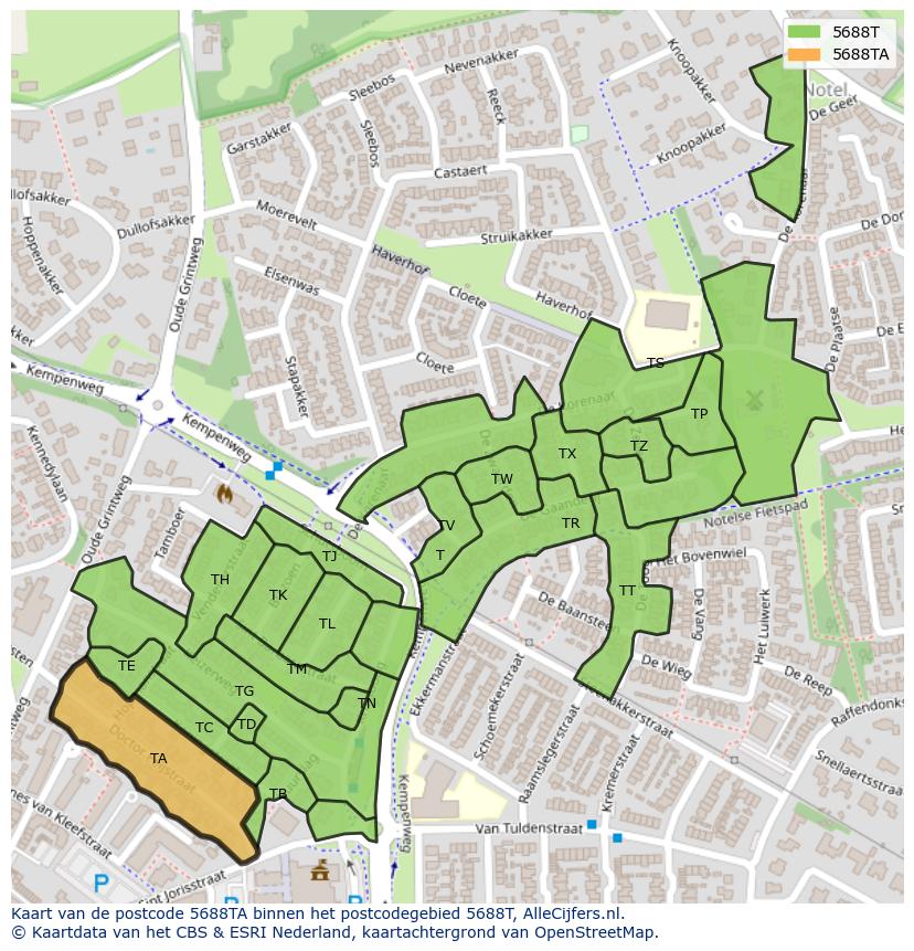 Afbeelding van het postcodegebied 5688 TA op de kaart.