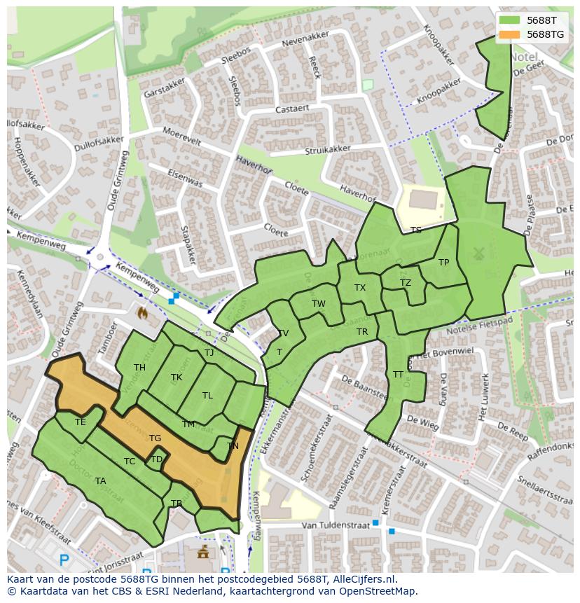 Afbeelding van het postcodegebied 5688 TG op de kaart.