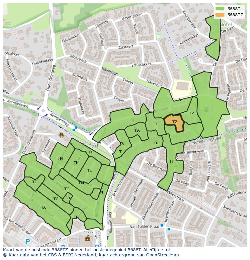 Afbeelding van het postcodegebied 5688 TZ op de kaart.