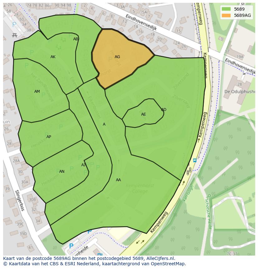 Afbeelding van het postcodegebied 5689 AG op de kaart.