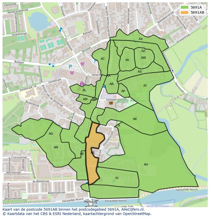 Afbeelding van het postcodegebied 5691 AB op de kaart.
