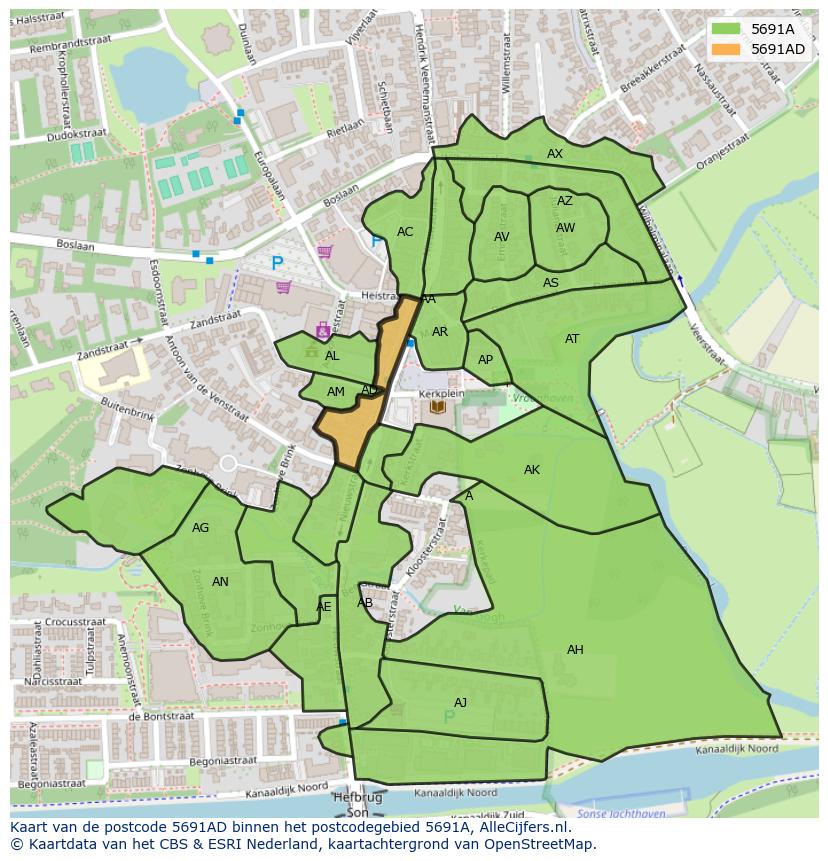 Afbeelding van het postcodegebied 5691 AD op de kaart.