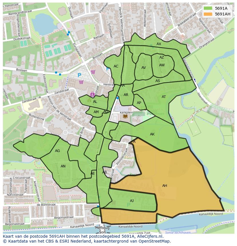 Afbeelding van het postcodegebied 5691 AH op de kaart.