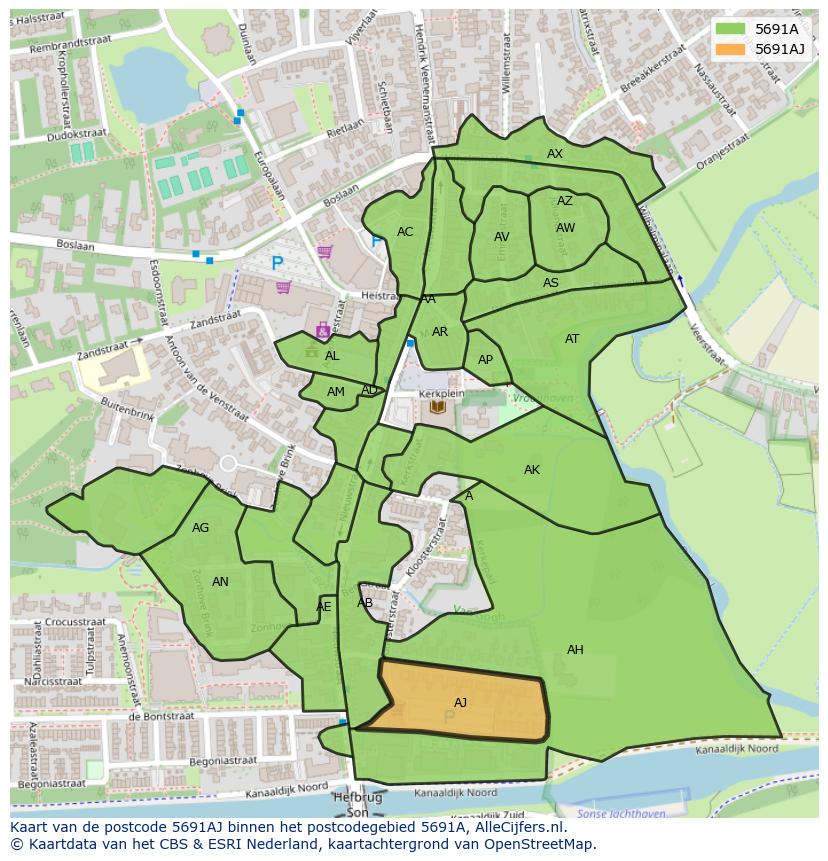 Afbeelding van het postcodegebied 5691 AJ op de kaart.