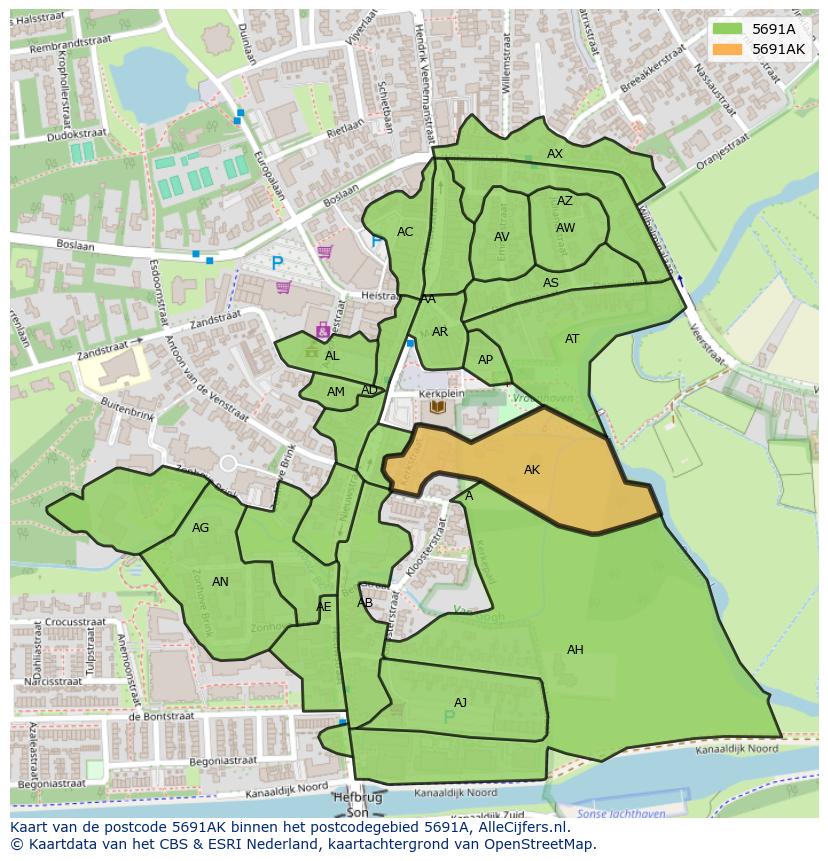 Afbeelding van het postcodegebied 5691 AK op de kaart.