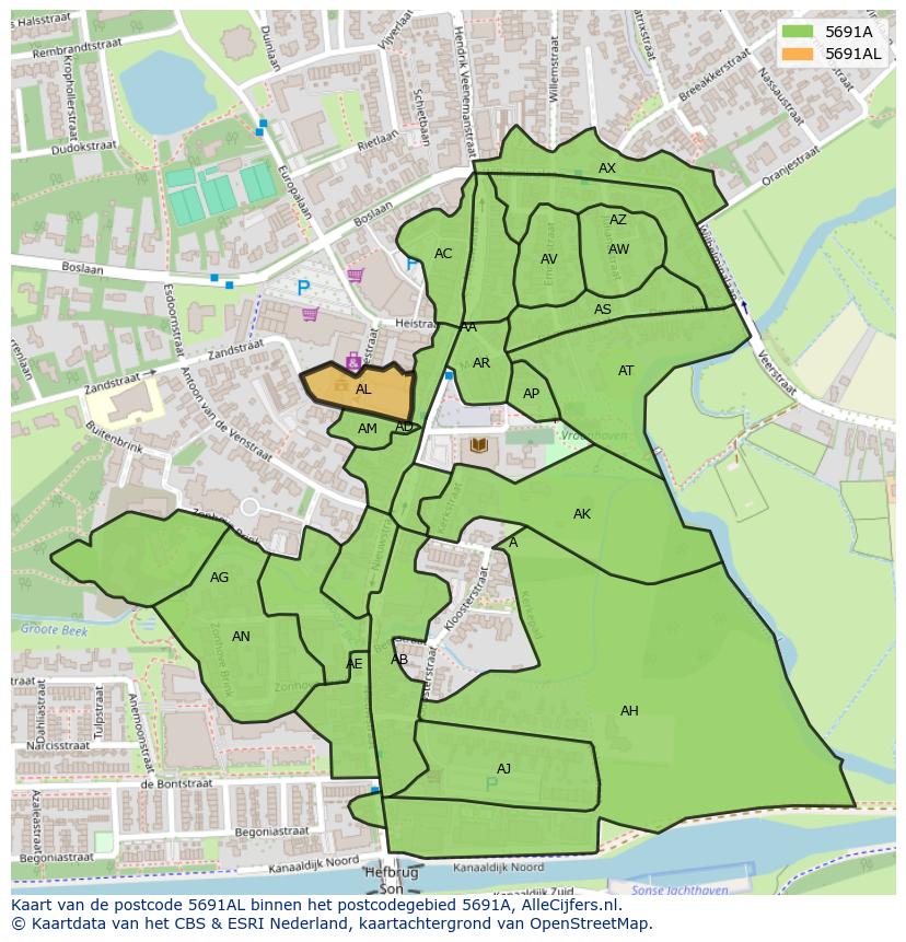 Afbeelding van het postcodegebied 5691 AL op de kaart.