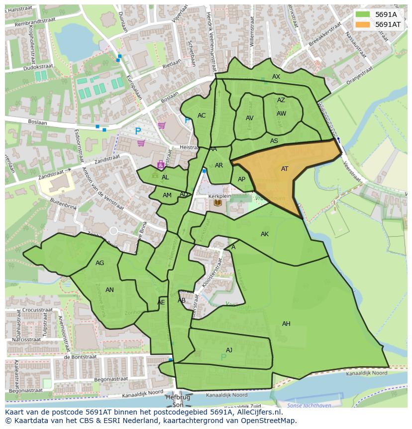 Afbeelding van het postcodegebied 5691 AT op de kaart.