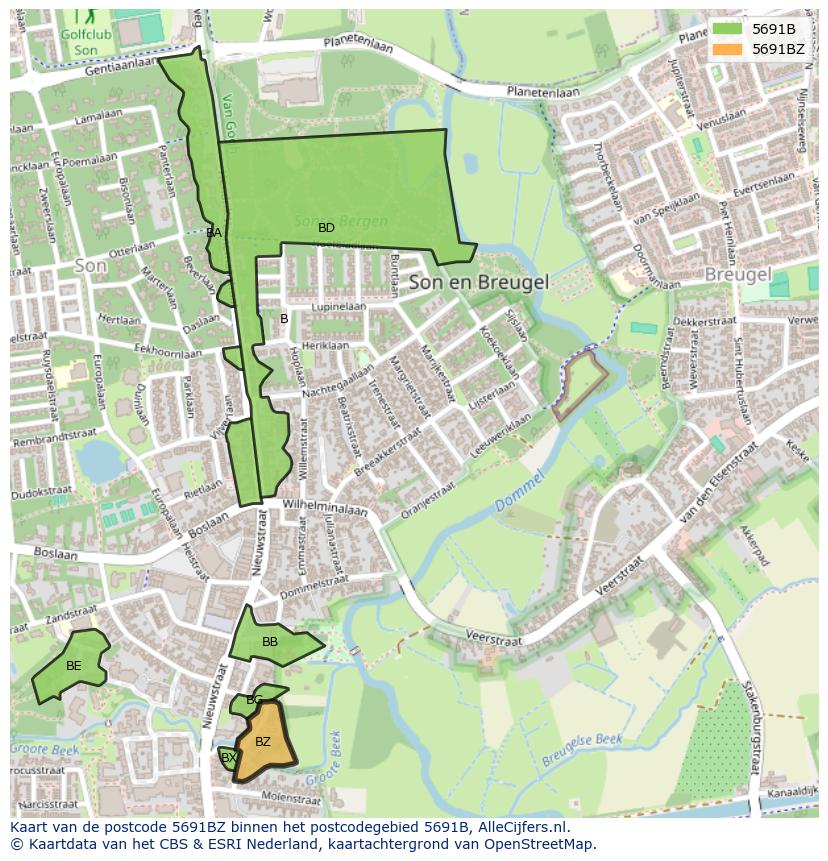 Afbeelding van het postcodegebied 5691 BZ op de kaart.