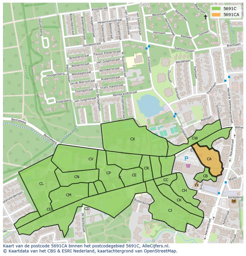 Afbeelding van het postcodegebied 5691 CA op de kaart.