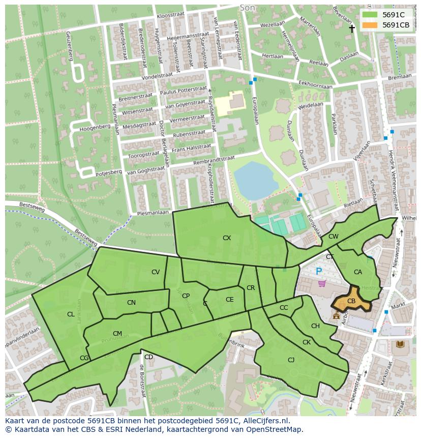 Afbeelding van het postcodegebied 5691 CB op de kaart.
