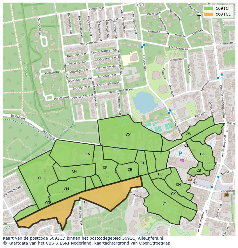 Afbeelding van het postcodegebied 5691 CD op de kaart.