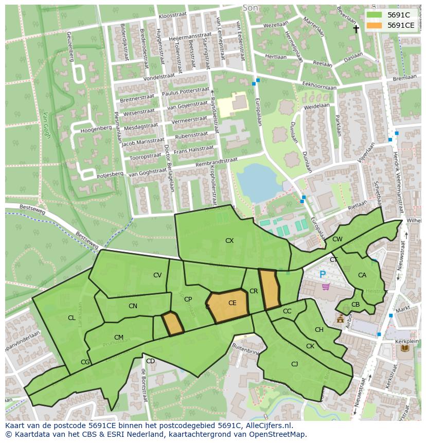 Afbeelding van het postcodegebied 5691 CE op de kaart.