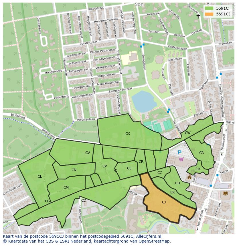 Afbeelding van het postcodegebied 5691 CJ op de kaart.