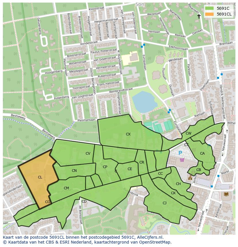 Afbeelding van het postcodegebied 5691 CL op de kaart.