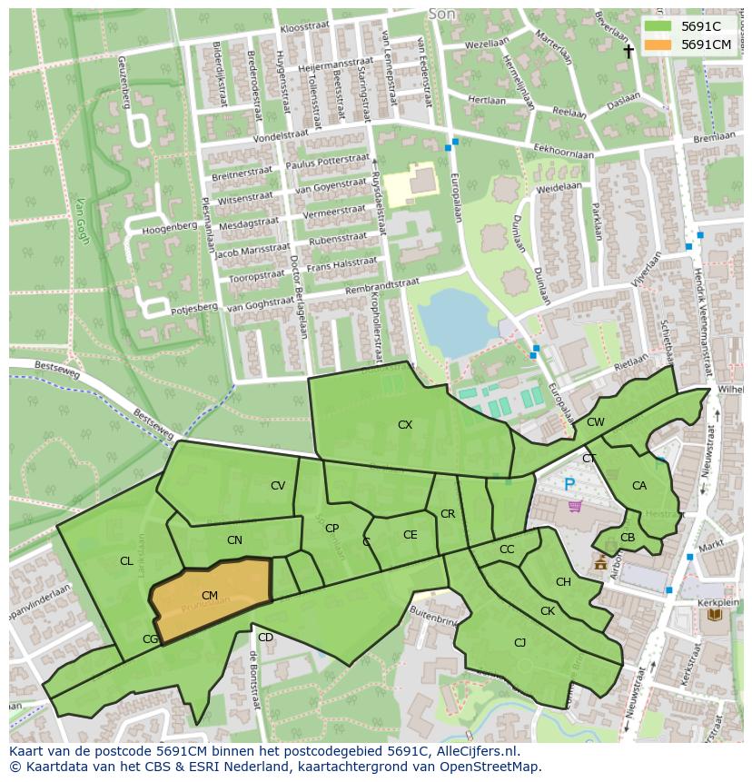 Afbeelding van het postcodegebied 5691 CM op de kaart.