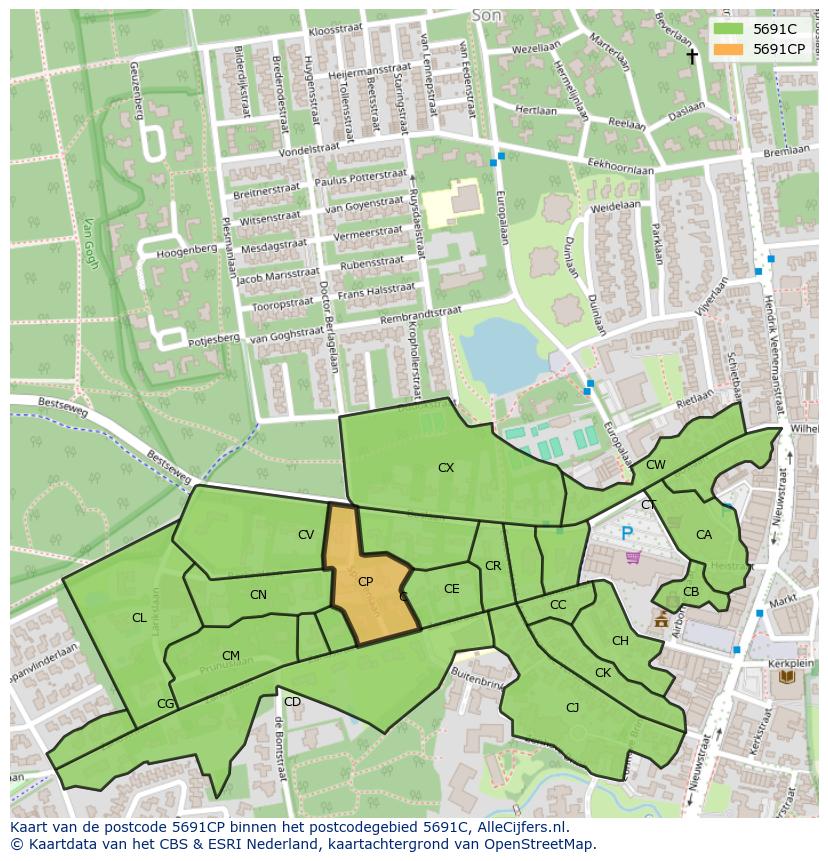 Afbeelding van het postcodegebied 5691 CP op de kaart.