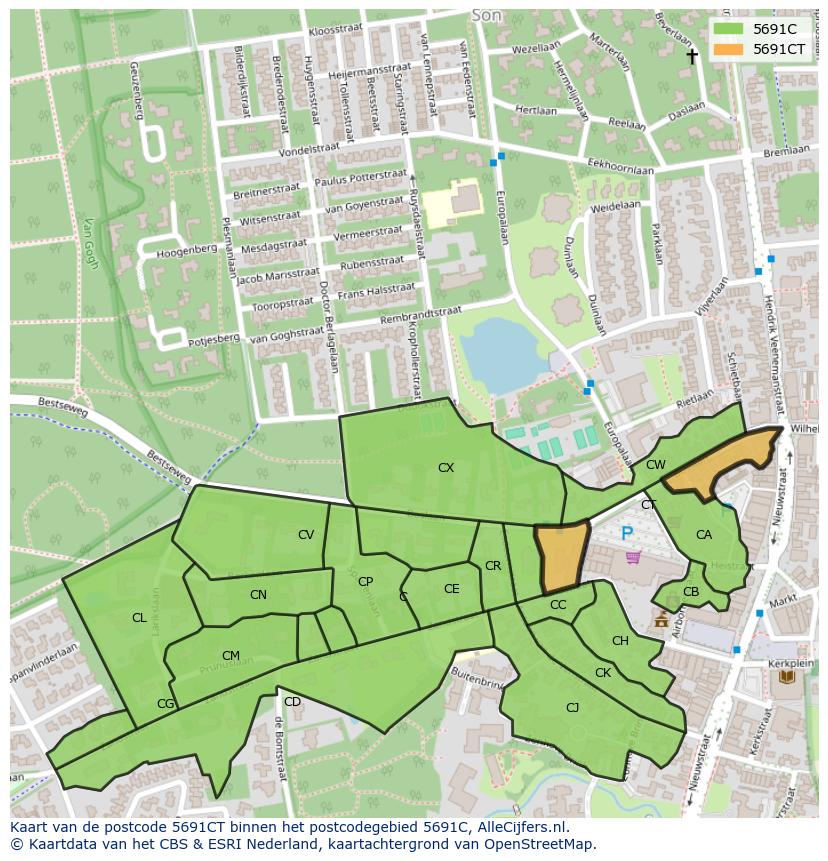 Afbeelding van het postcodegebied 5691 CT op de kaart.