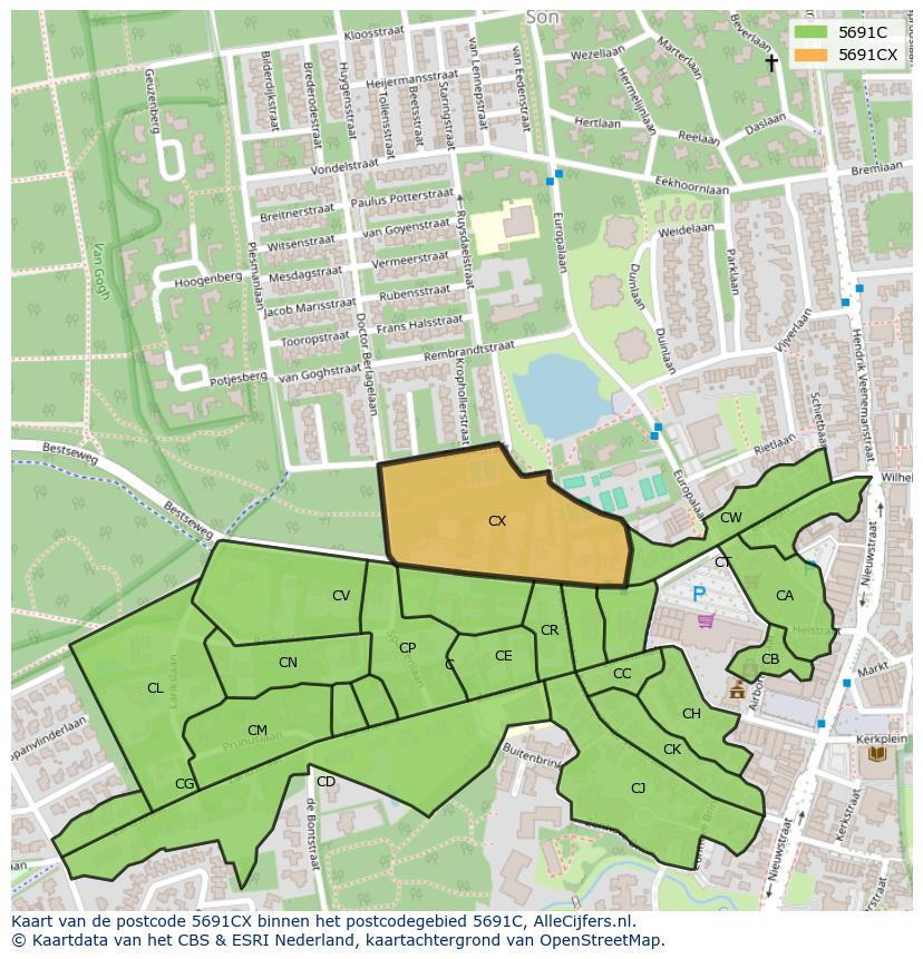 Afbeelding van het postcodegebied 5691 CX op de kaart.