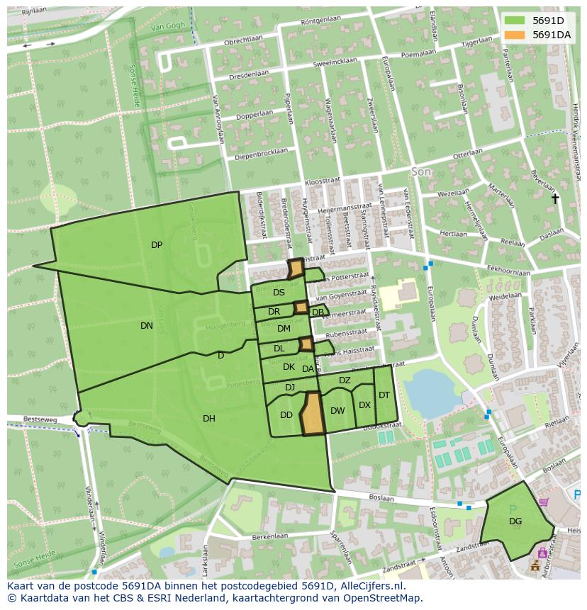 Afbeelding van het postcodegebied 5691 DA op de kaart.