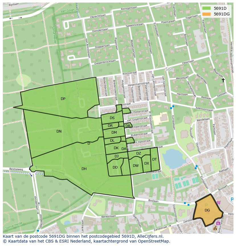 Afbeelding van het postcodegebied 5691 DG op de kaart.