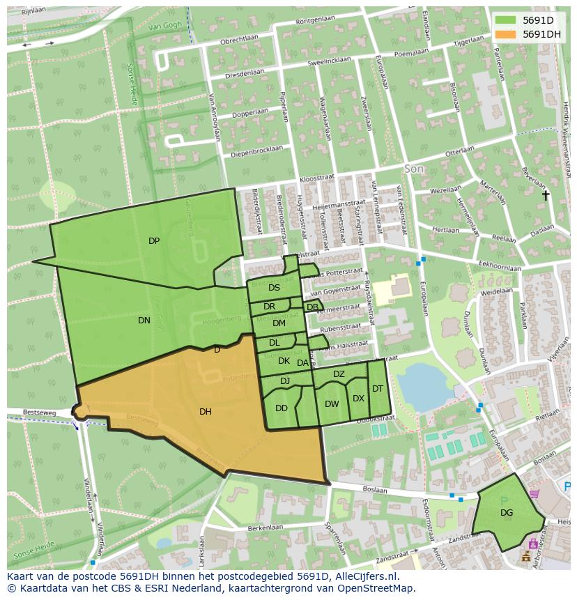Afbeelding van het postcodegebied 5691 DH op de kaart.