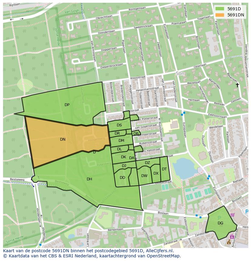 Afbeelding van het postcodegebied 5691 DN op de kaart.