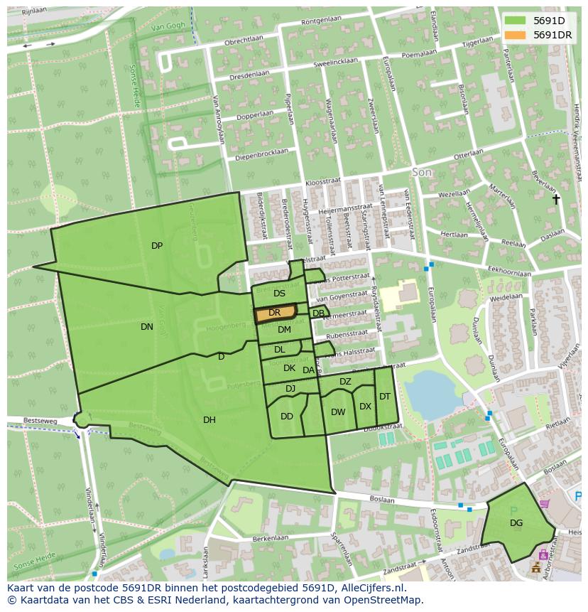 Afbeelding van het postcodegebied 5691 DR op de kaart.