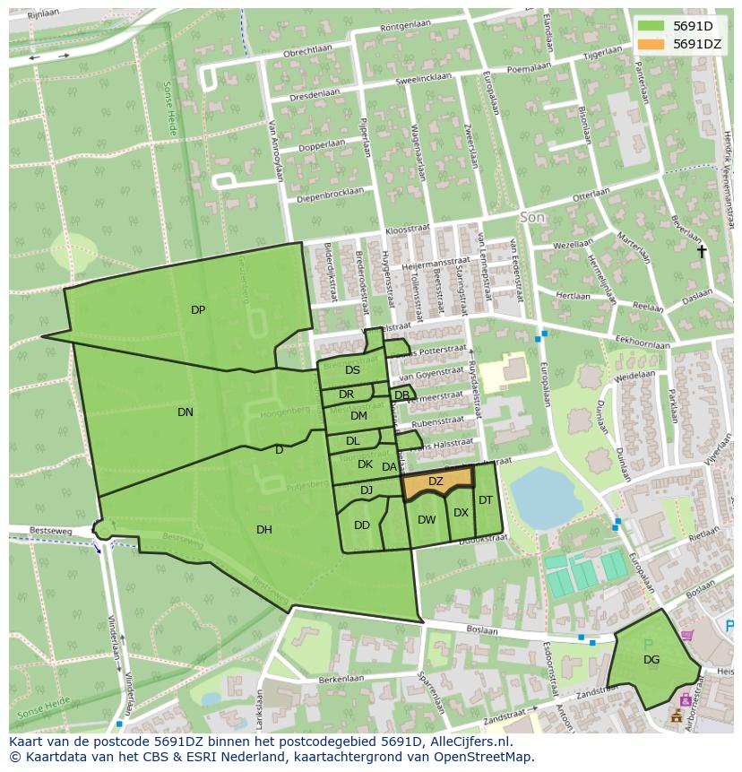 Afbeelding van het postcodegebied 5691 DZ op de kaart.