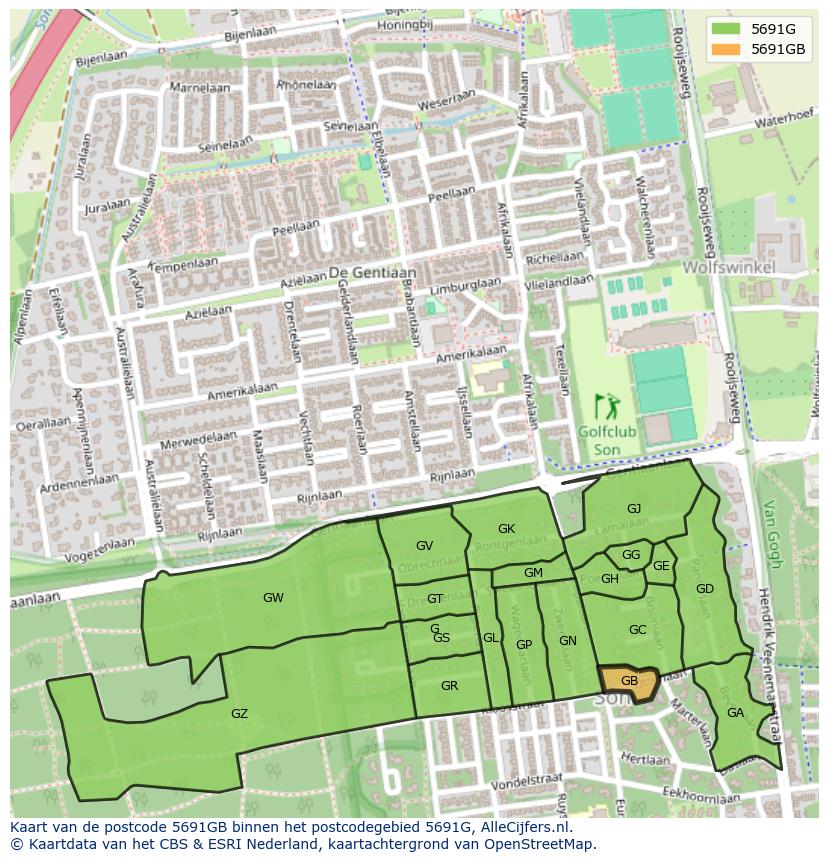 Afbeelding van het postcodegebied 5691 GB op de kaart.