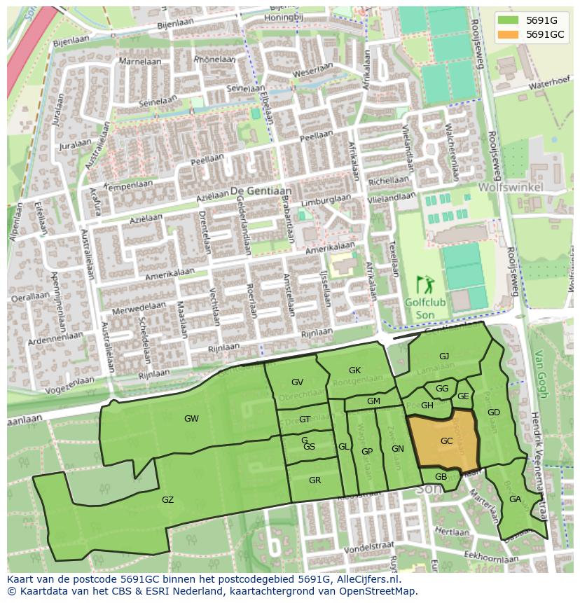 Afbeelding van het postcodegebied 5691 GC op de kaart.