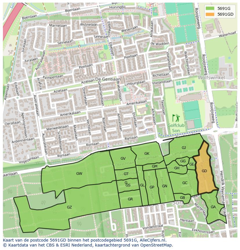 Afbeelding van het postcodegebied 5691 GD op de kaart.